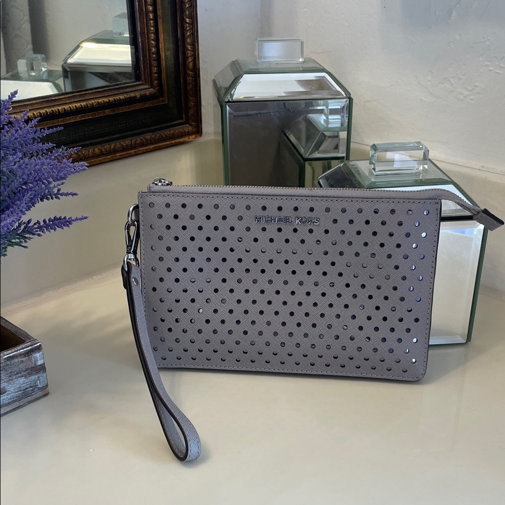Michael Kors Silver Perforated Wristlet